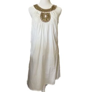 NWT, White Mini Dress with Hand Bead Work in all brass 🌺 Sz Small by Wayan